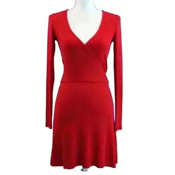 Intermix Serena Red Wrap-Front Rib Knit Mini Dress – Size P (Petite/Small) - Picture 2 of 8